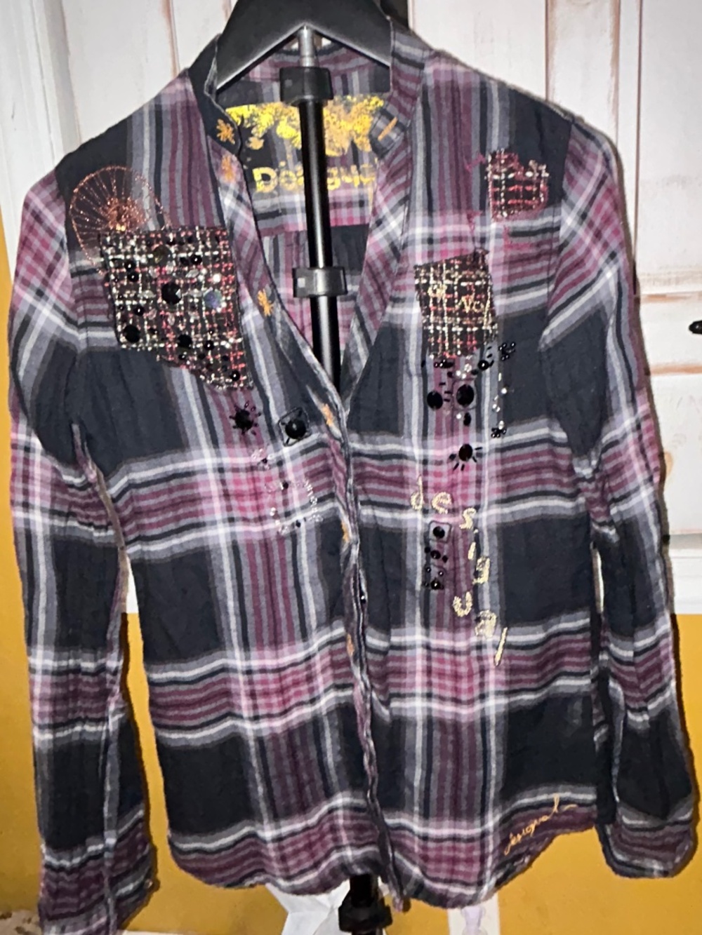 Desigual Western Plaid Embroidered Beaded Shirt Women's Medium Boho Artsy Top